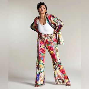 INC International Concepts Misa Hylton Rainbow Satin Floral Wide Leg Pants
